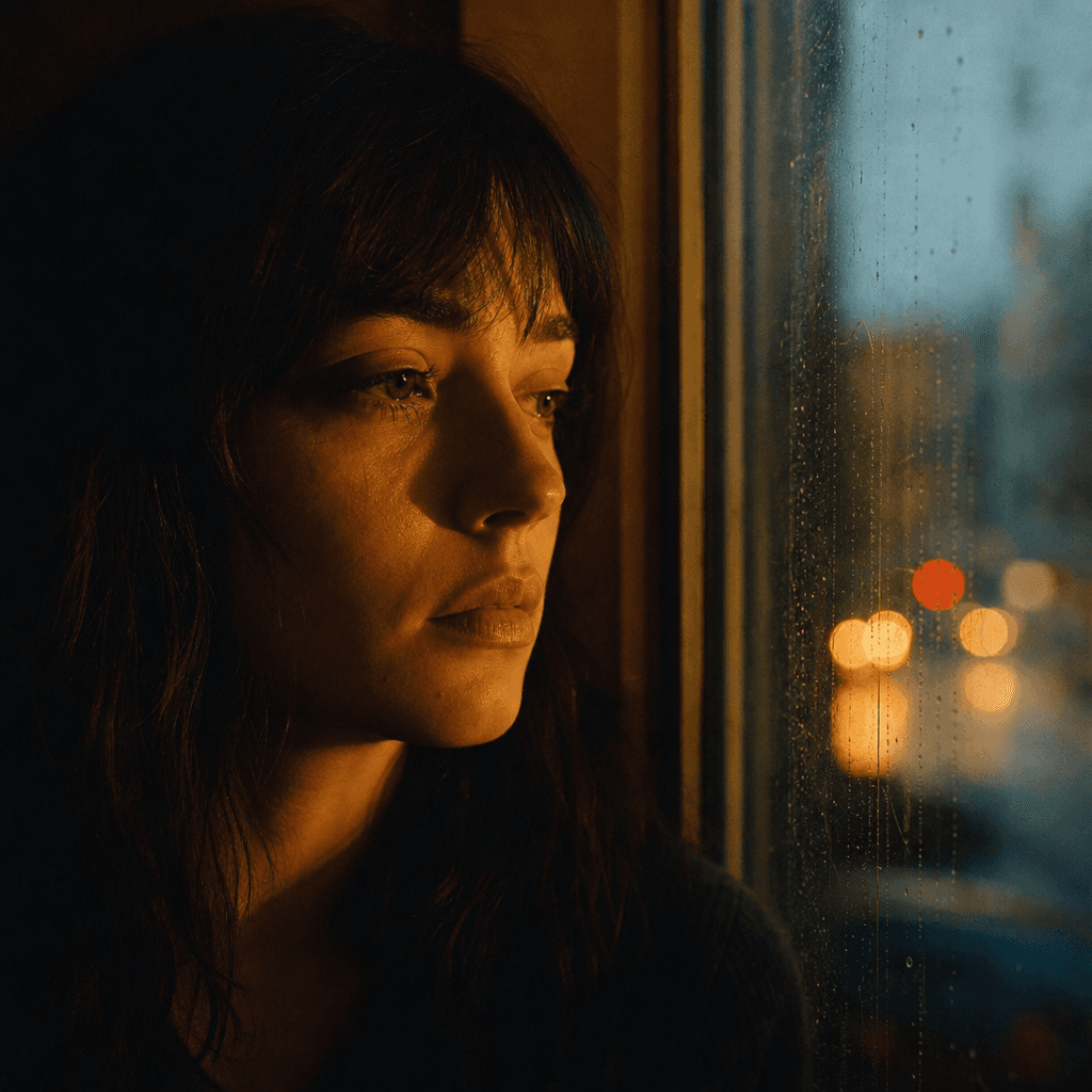 Square close portrait of an anonymous person beside a rain-streaked window at dusk, warm tungsten light across the face,