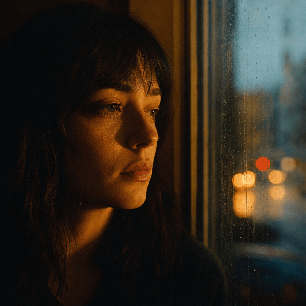 Square close portrait of an anonymous person beside a rain-streaked window at dusk, warm tungsten light across the face,