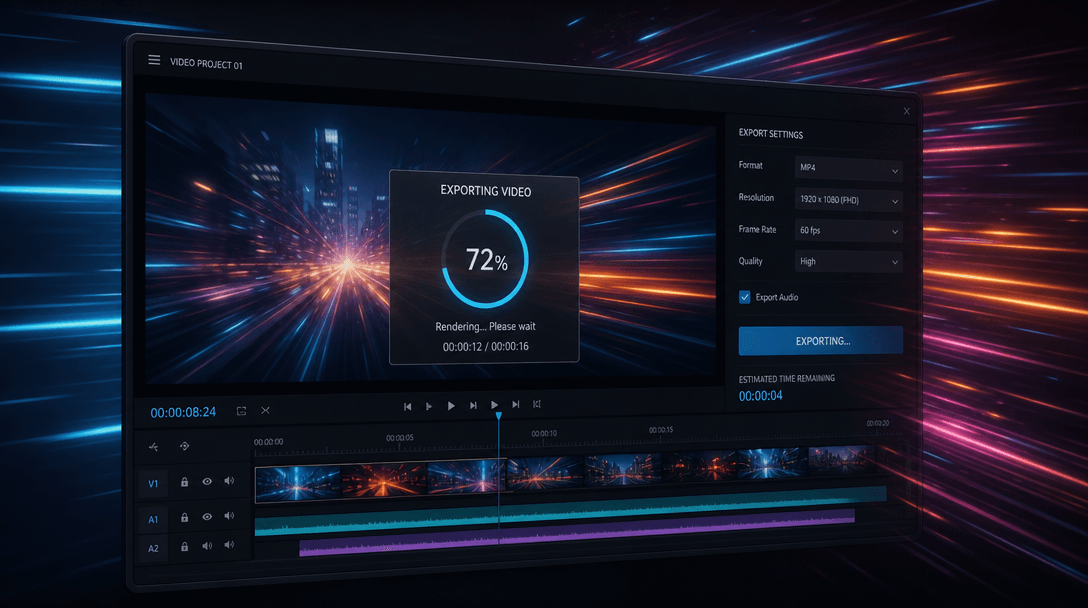 Fast motion blur effect over video generation and export sequence, dynamic light streaks and digital transformation visu