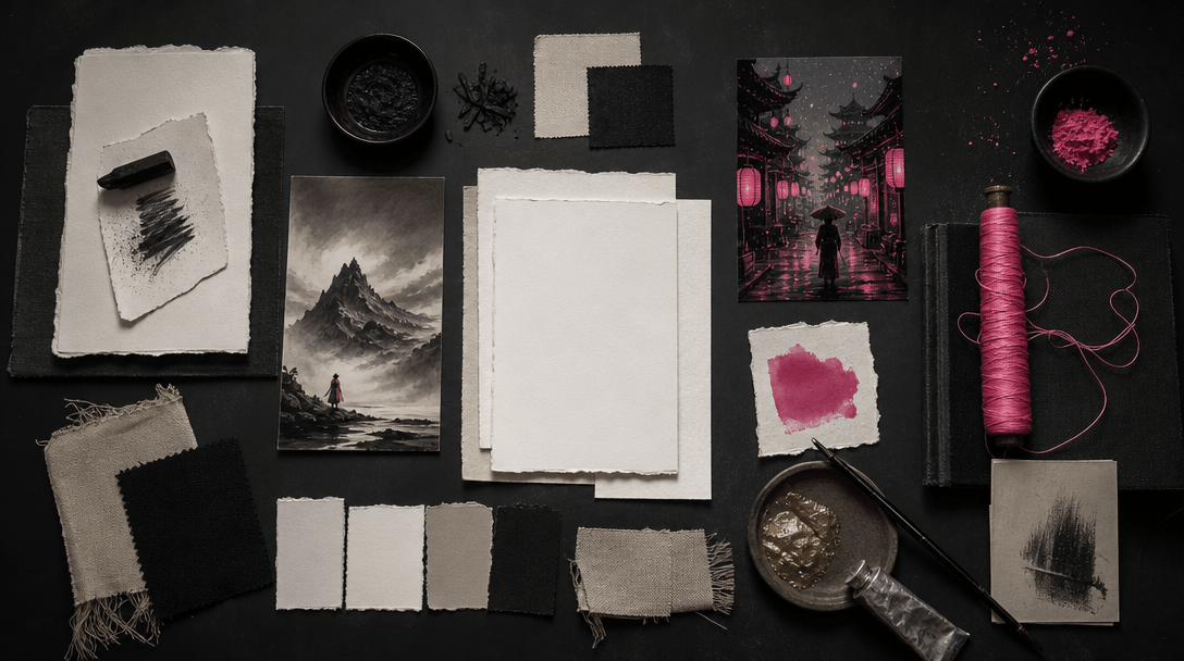 An art director's dark studio table arranged with blank paper fragments, pigment swatches, charcoal marks, bookbinding c
