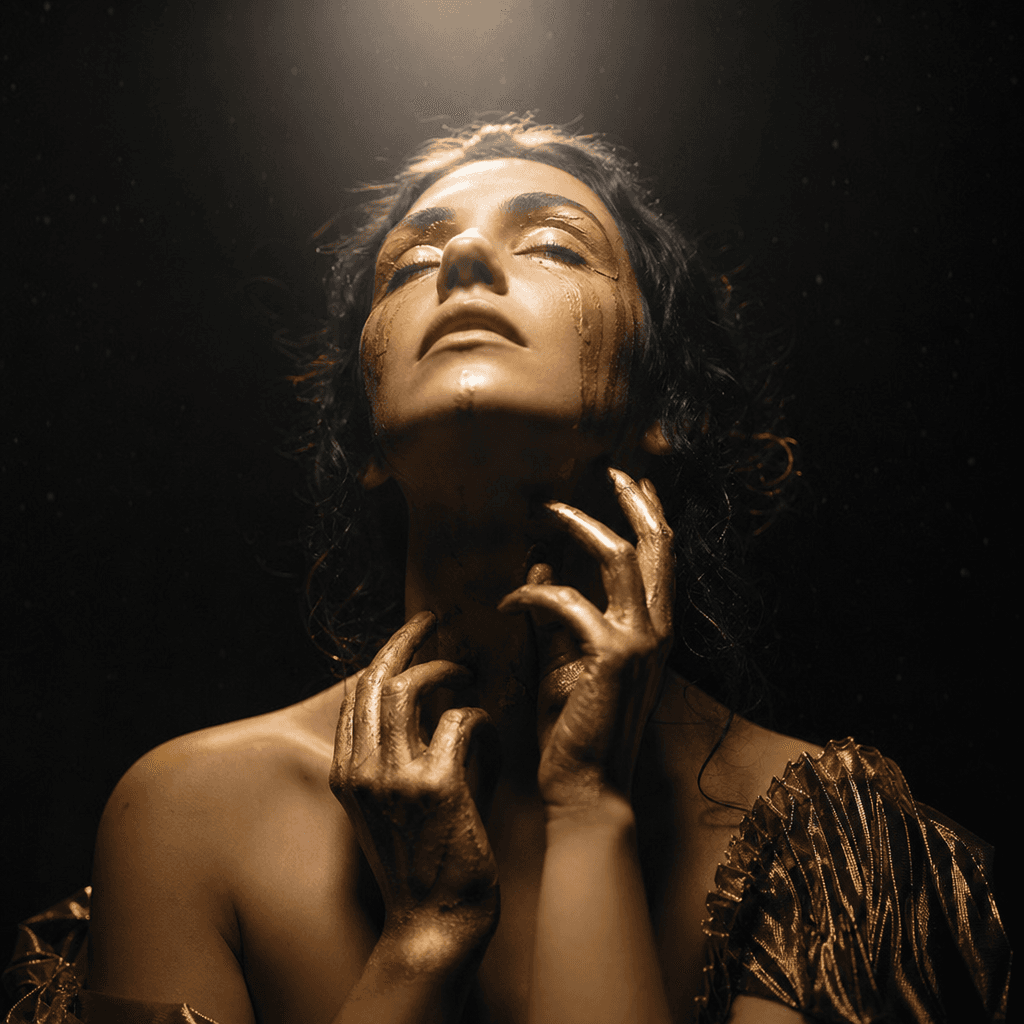 Creative artistic portrait: moody color grading, rim lighting from above, unique expressive pose, artistic makeup or sty