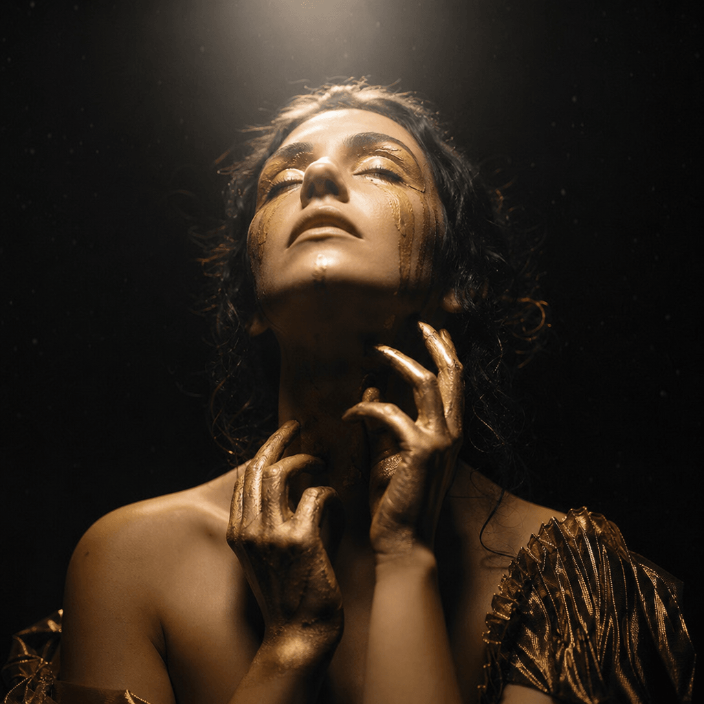Creative artistic portrait: moody color grading, rim lighting from above, unique expressive pose, artistic makeup or sty