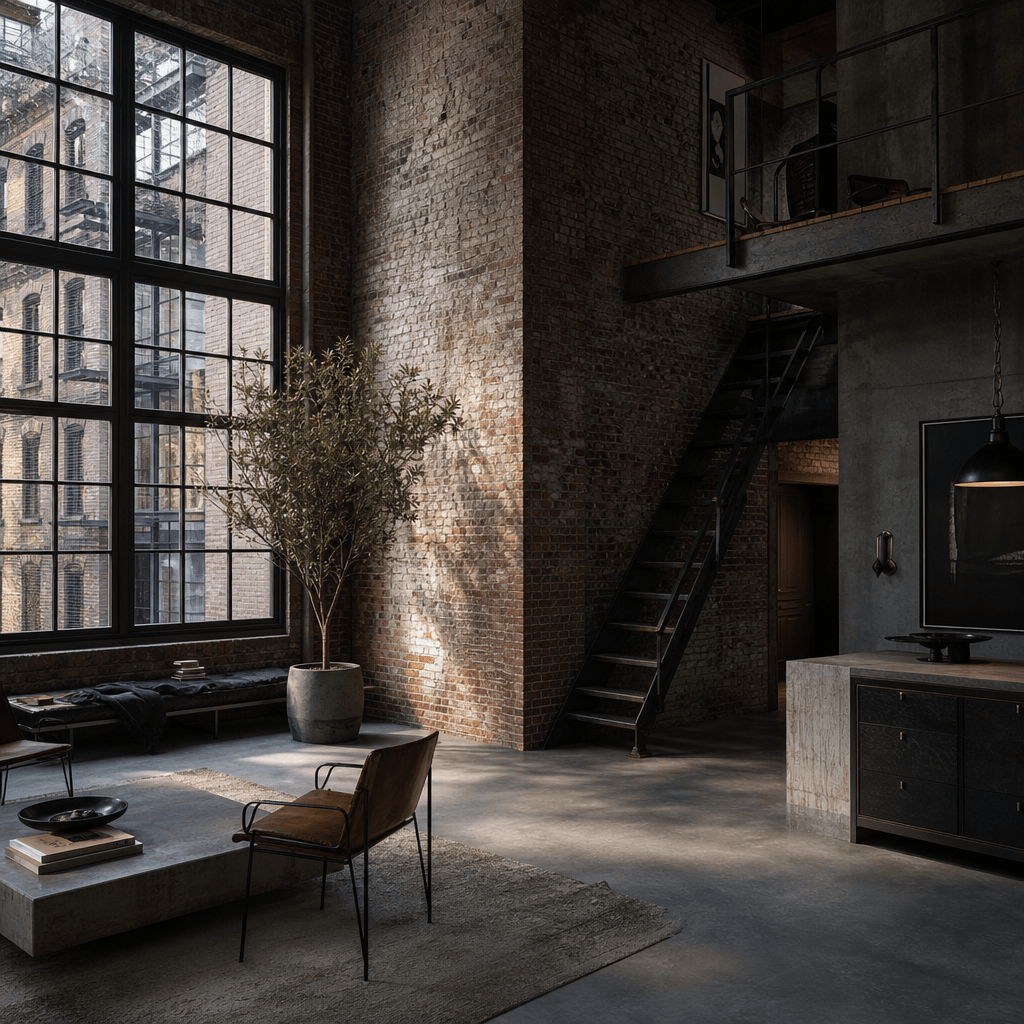 Industrial warehouse loft interior diorama, exposed brick wall detail, large pixel-style window frame, cool natural ligh