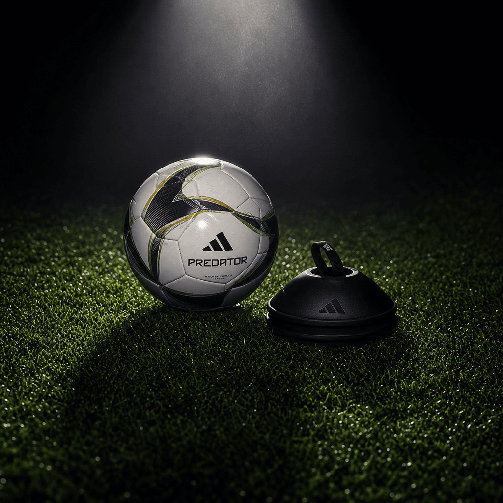 A polished soccer ball and compact training accessory arranged on deep green stadium grass under a narrow overhead spotl