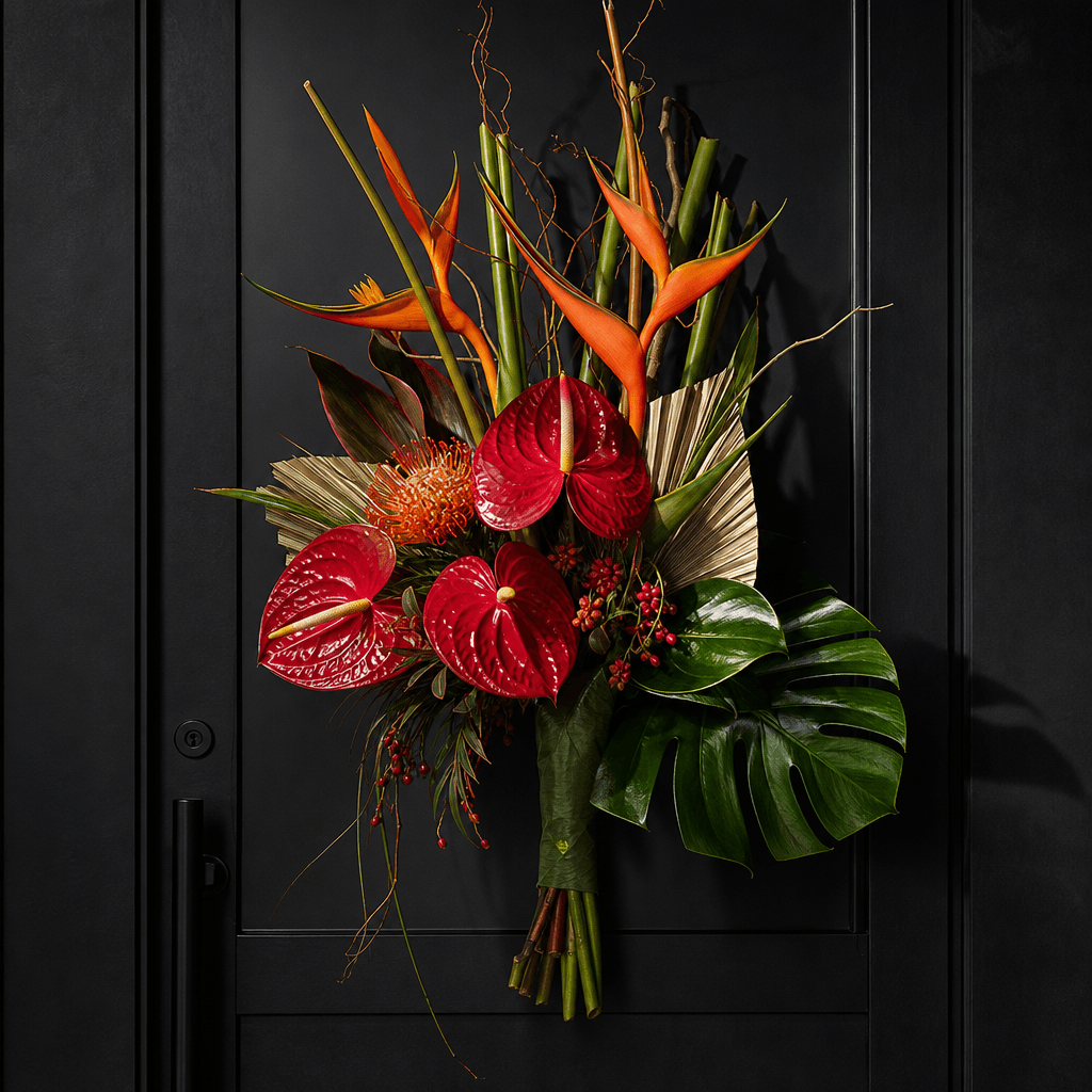 A bold tropical bouquet suspended against a matte black modern door, featuring red anthuriums, orange heliconia, glossy