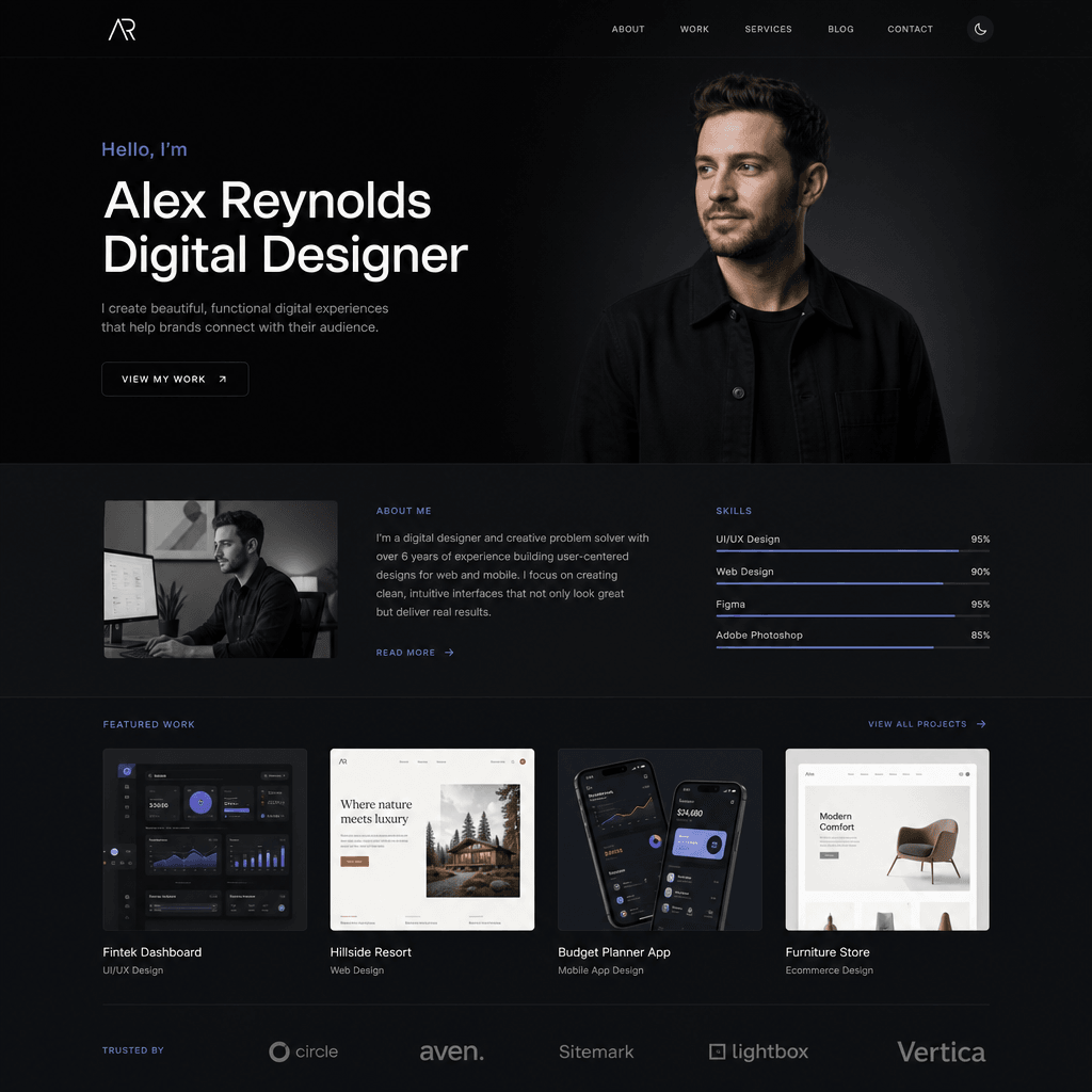 Freelancer portfolio website screenshot showing work samples and professional information, dark background with clean sa