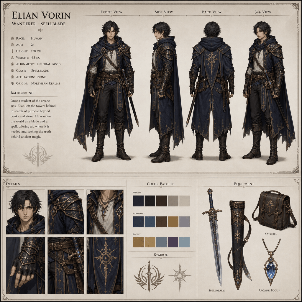 Fantasy character sheet with consistent multi-angle views. Stylized character design with fantasy clothing, all four ang