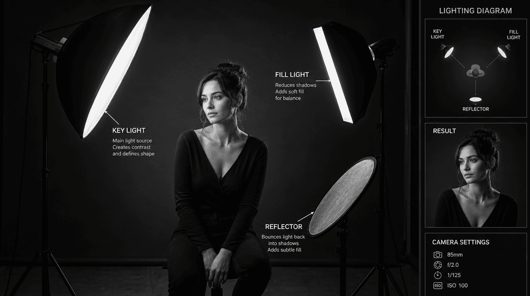 Studio lighting setup showing key light, fill light, and reflector creating professional monochrome portrait illuminatio
