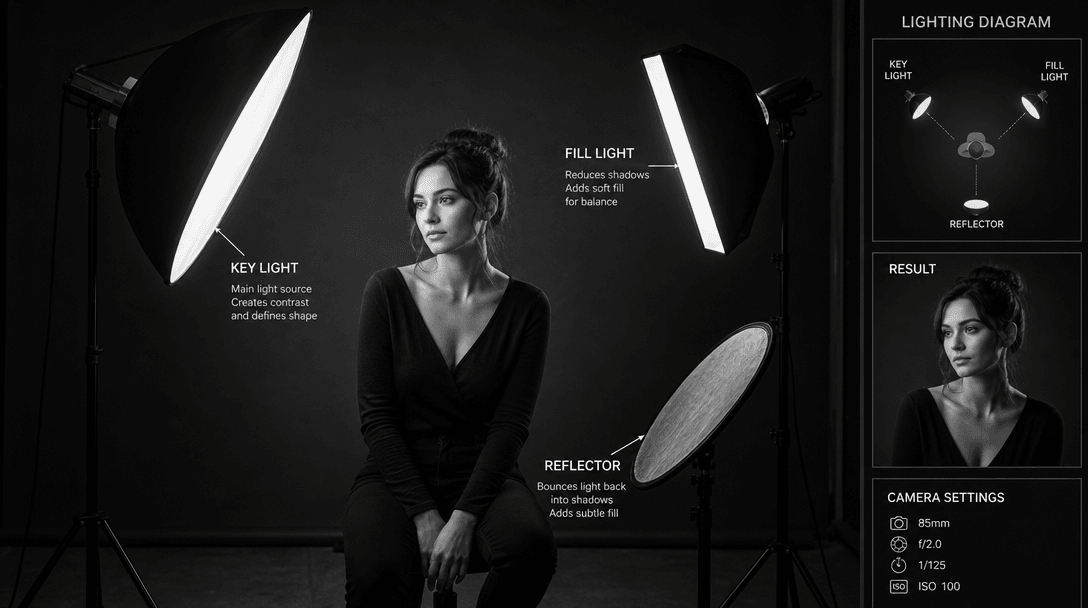 Studio lighting setup showing key light, fill light, and reflector creating professional monochrome portrait illuminatio