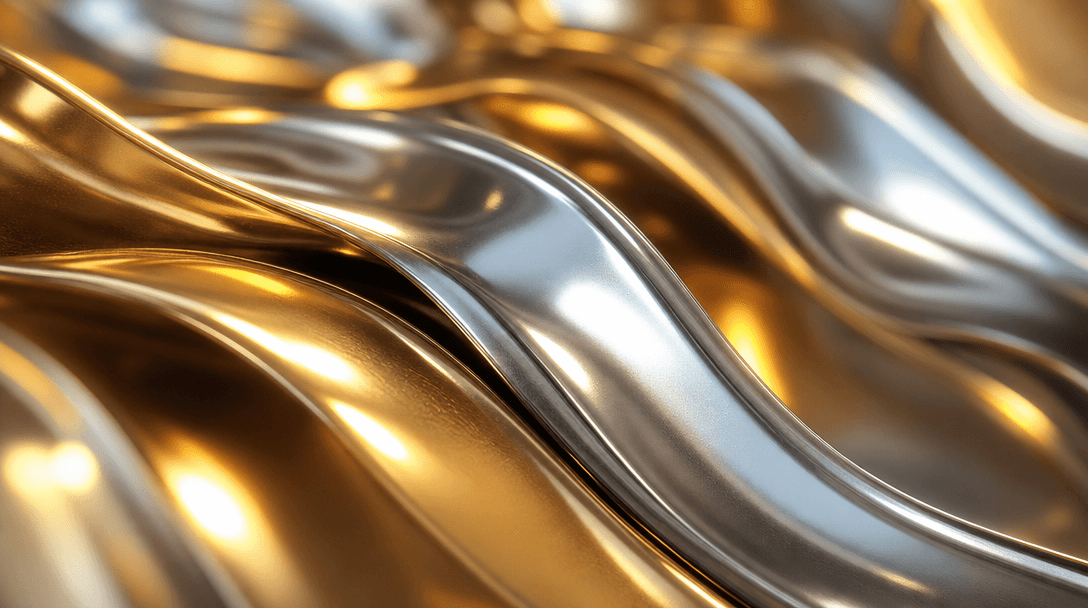 Abstract metallic surfaces with gold and silver reflections. Close-up of shiny metal textures with bright light play and