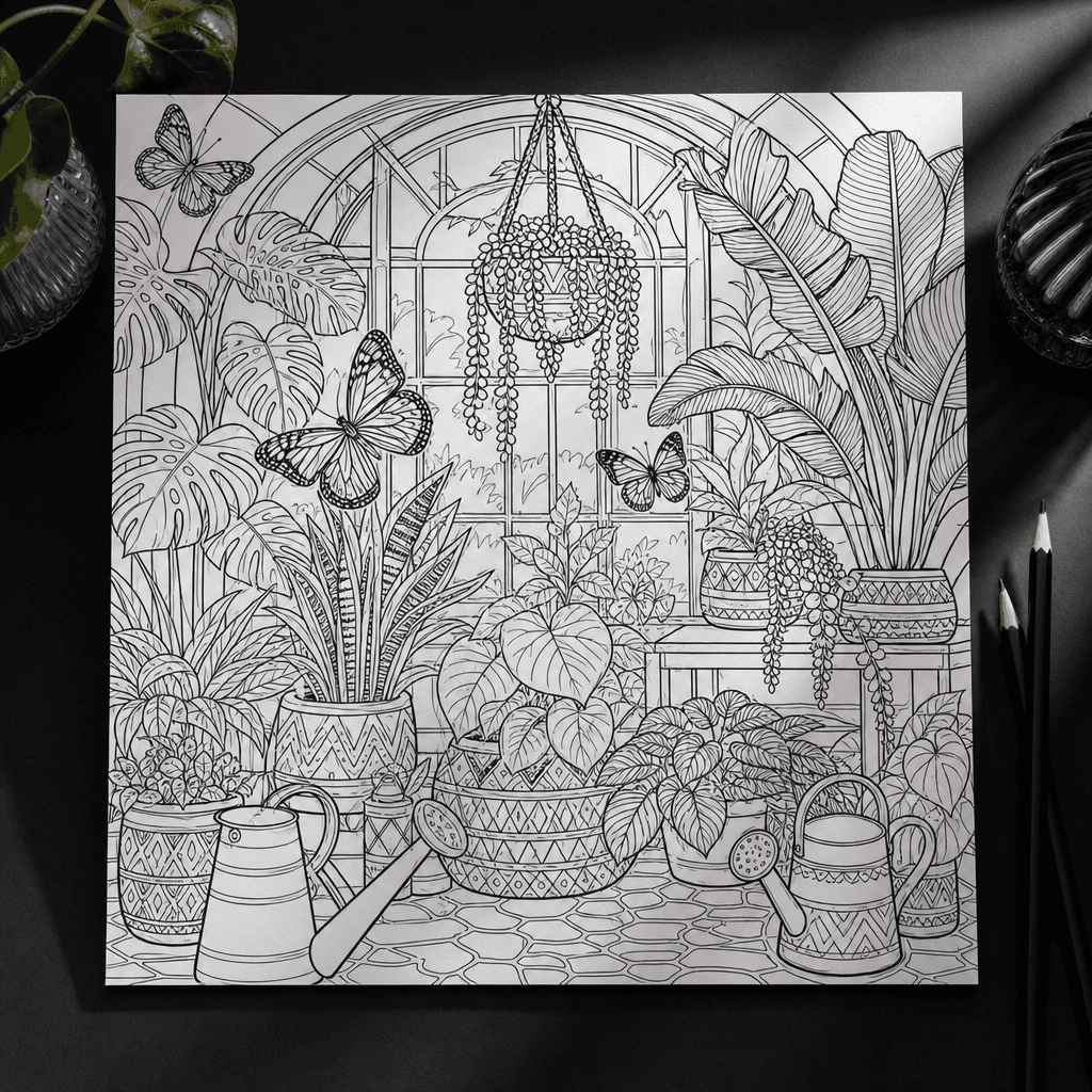 Square sophisticated coloring page of a botanical greenhouse filled with tropical leaves, butterflies, watering cans, an