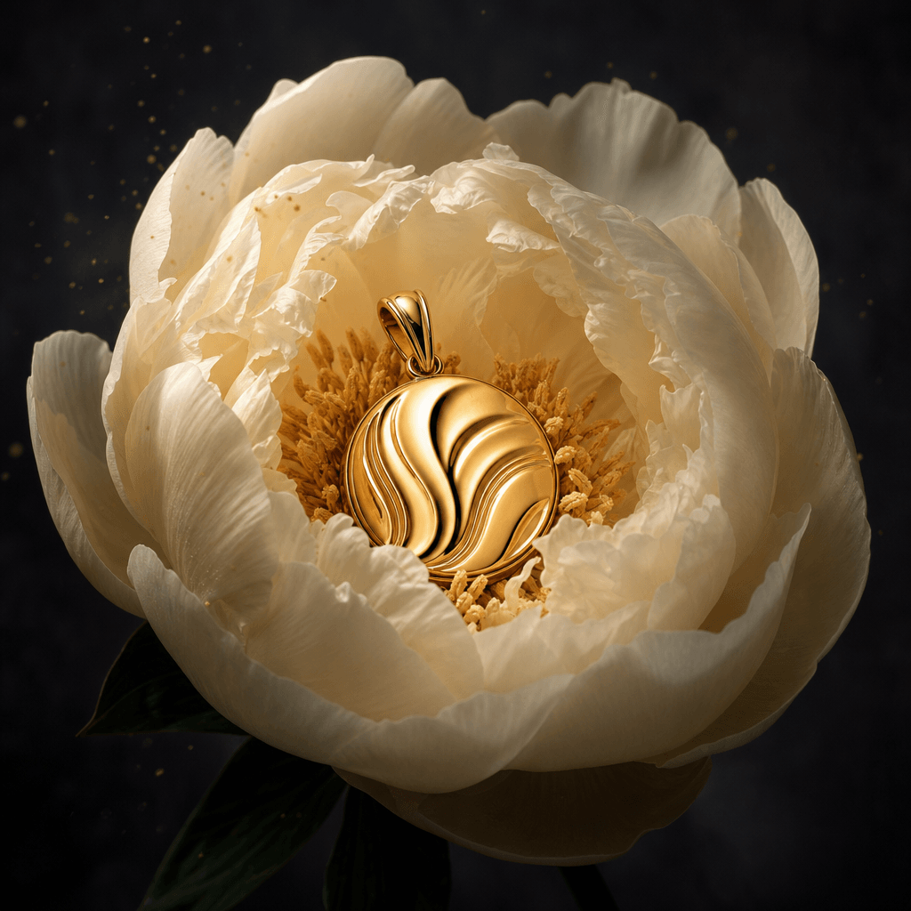 A polished gold pendant revealed inside a fully opened ivory peony, dark editorial jewelry photography, charcoal backgro