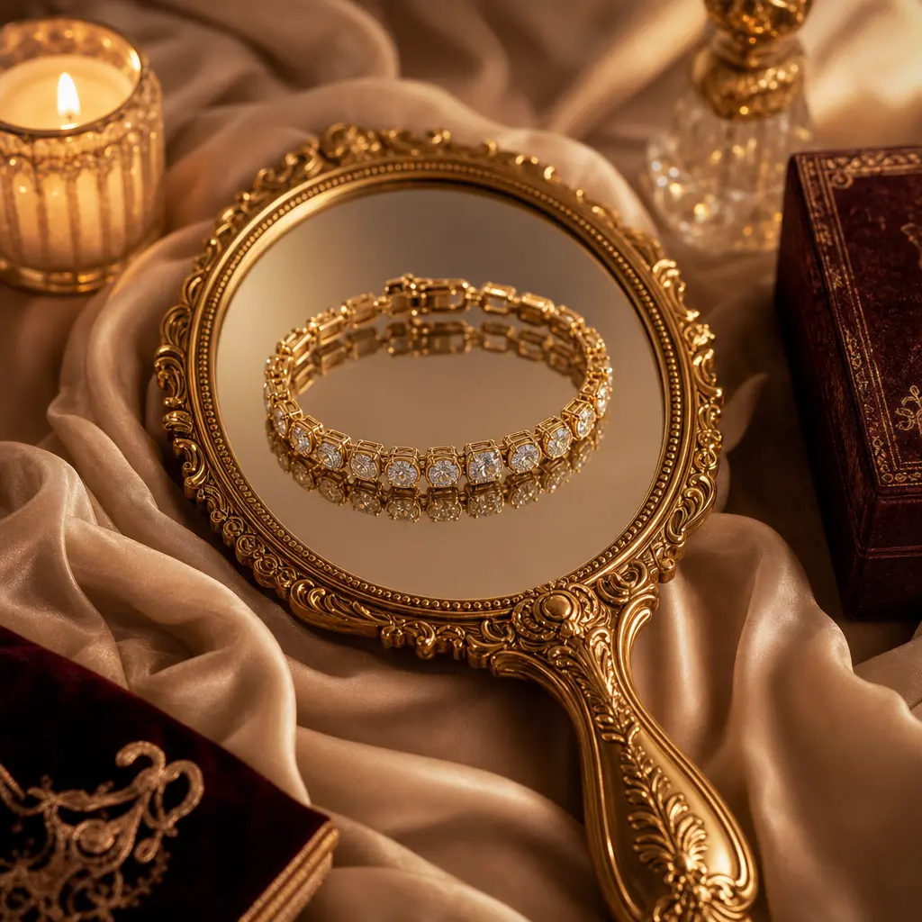 A luxurious hand mirror reflecting a beautiful bracelet, surrounded by soft fabric and ambient lighting to create a warm