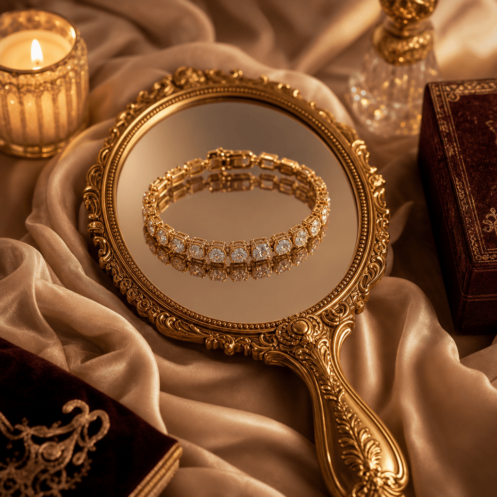 A luxurious hand mirror reflecting a beautiful bracelet, surrounded by soft fabric and ambient lighting to create a warm