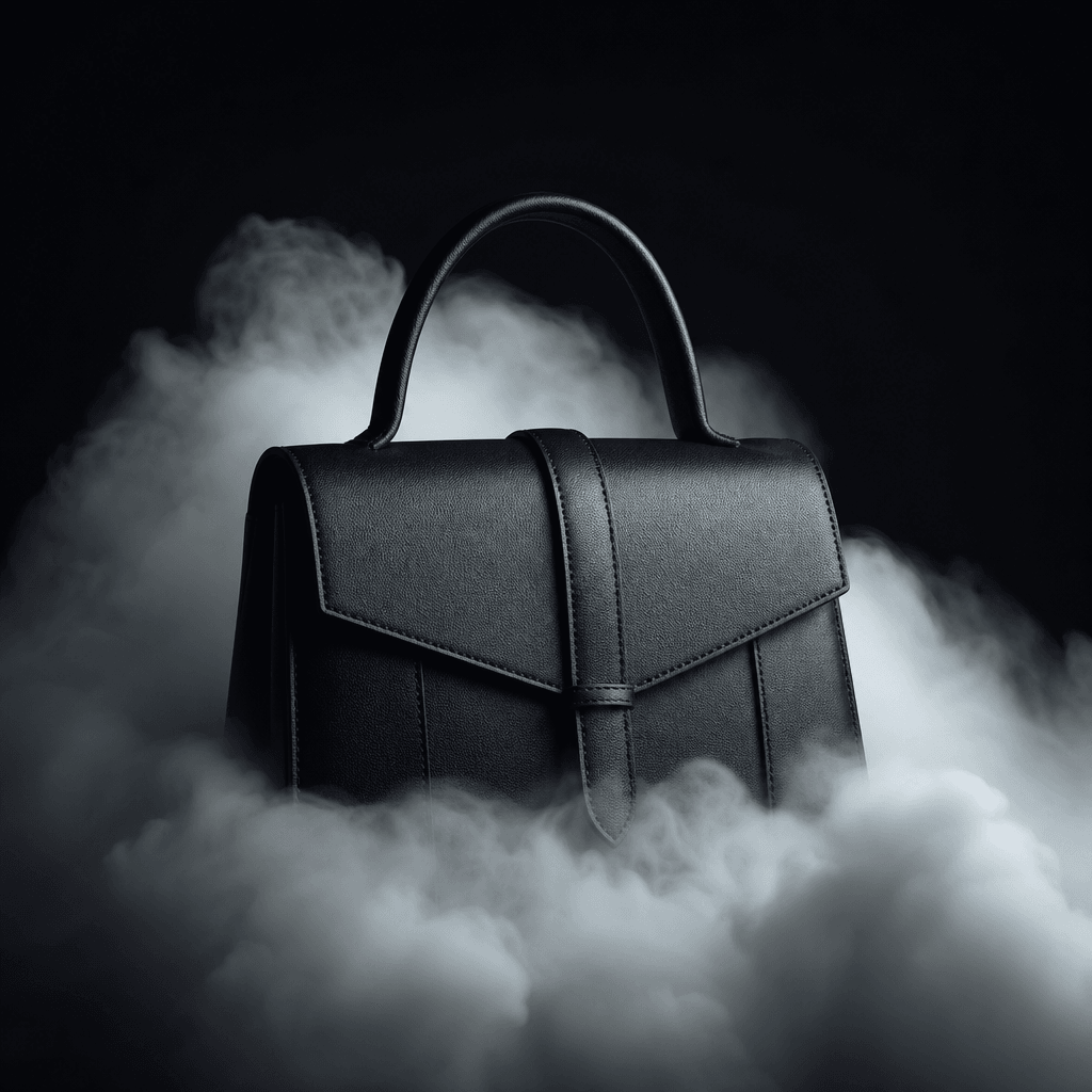 A minimalist structured black leather handbag emerging from dense rolling clouds on a dark studio background. Dramatic s