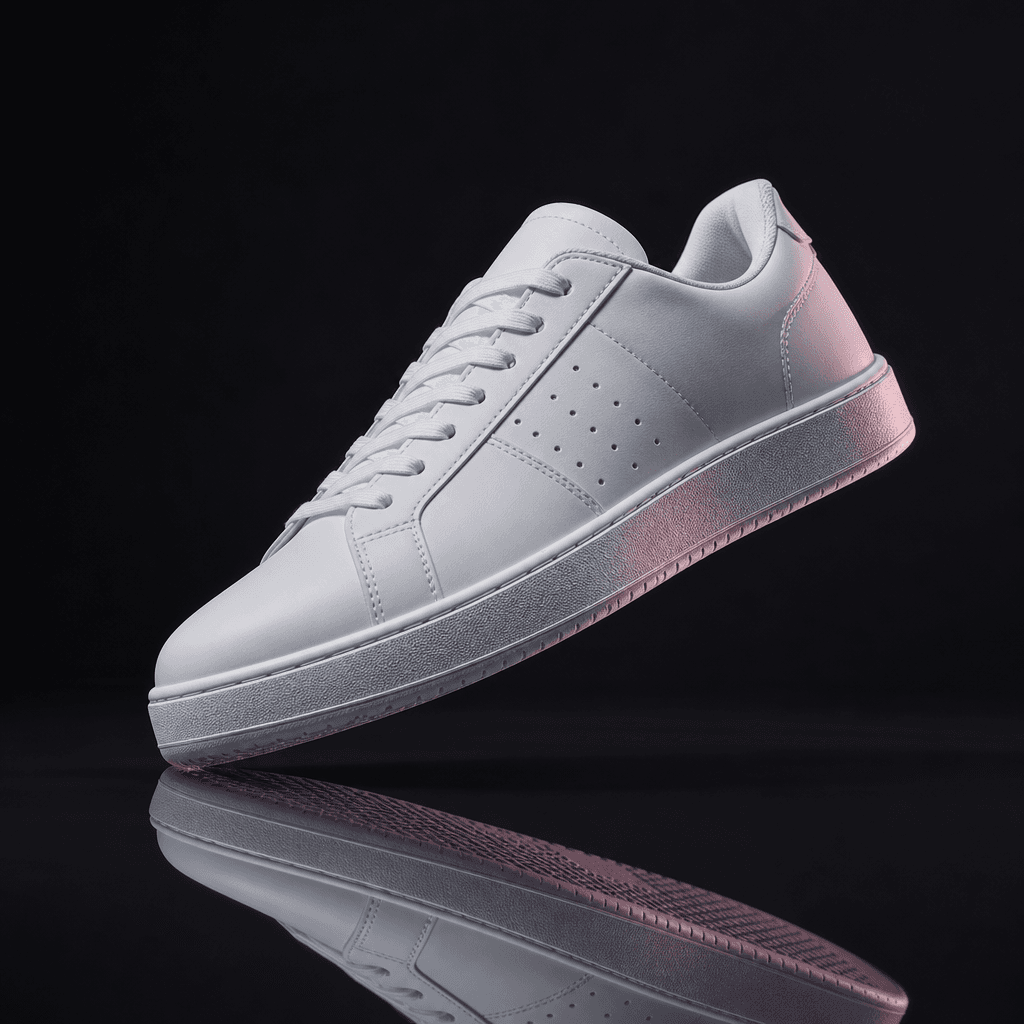 Ecommerce hero product shot: premium white sneaker floating above a dark reflective surface at a dynamic angle, studio l