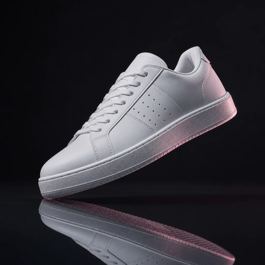 Ecommerce hero product shot: premium white sneaker floating above a dark reflective surface at a dynamic angle, studio l