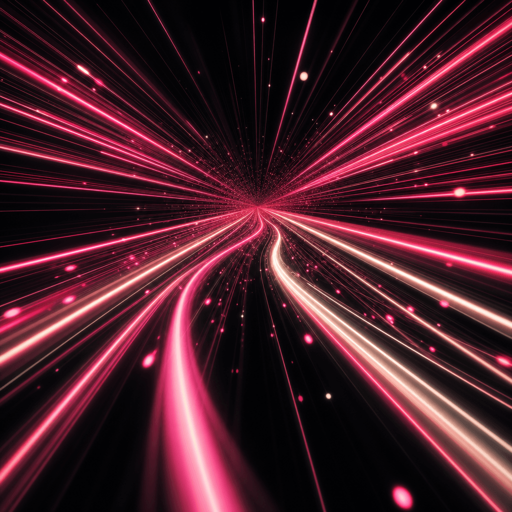 Abstract light art composition: multiple neon pink and soft off-white light streaks converging toward a vanishing point