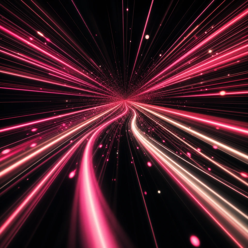 Abstract light art composition: multiple neon pink and soft off-white light streaks converging toward a vanishing point