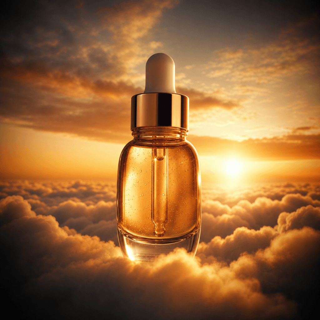 Cinematic product still: a premium glass skincare serum bottle emerging above a sea of soft golden clouds at sunset, war