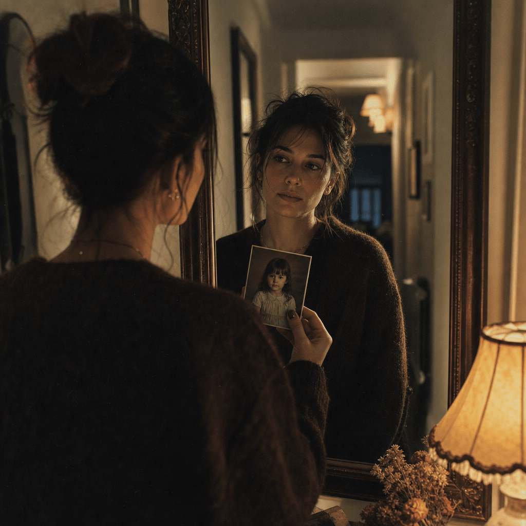 An adult woman standing before a hallway mirror while holding an old childhood photograph near her reflection, suggestin