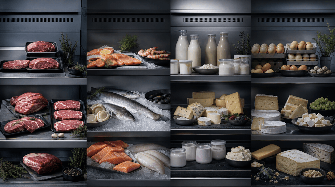 Four coordinated refrigerated product arrangements extending across one wide physical studio set, consistent cool lighti