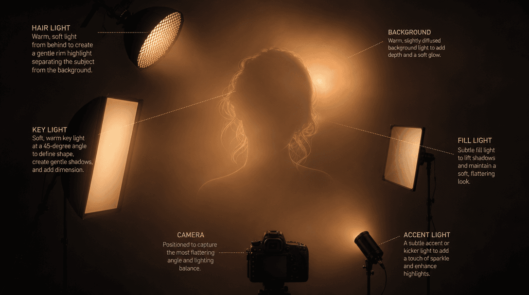 Abstract romantic lighting setup visualization. Soft light sources creating warm glow. Shadows and highlights on invisib