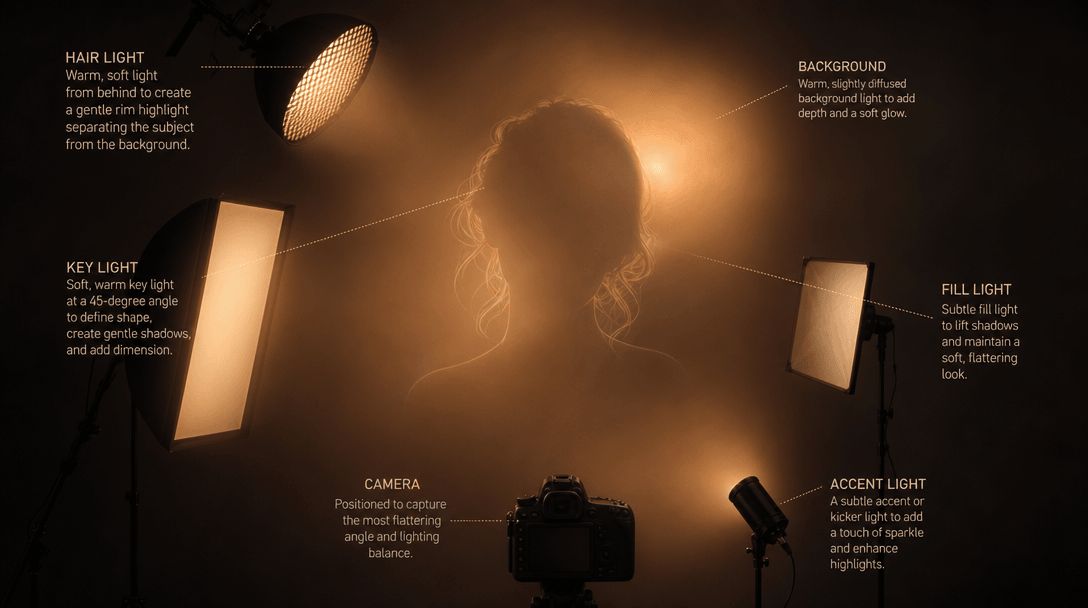 Abstract romantic lighting setup visualization. Soft light sources creating warm glow. Shadows and highlights on invisib