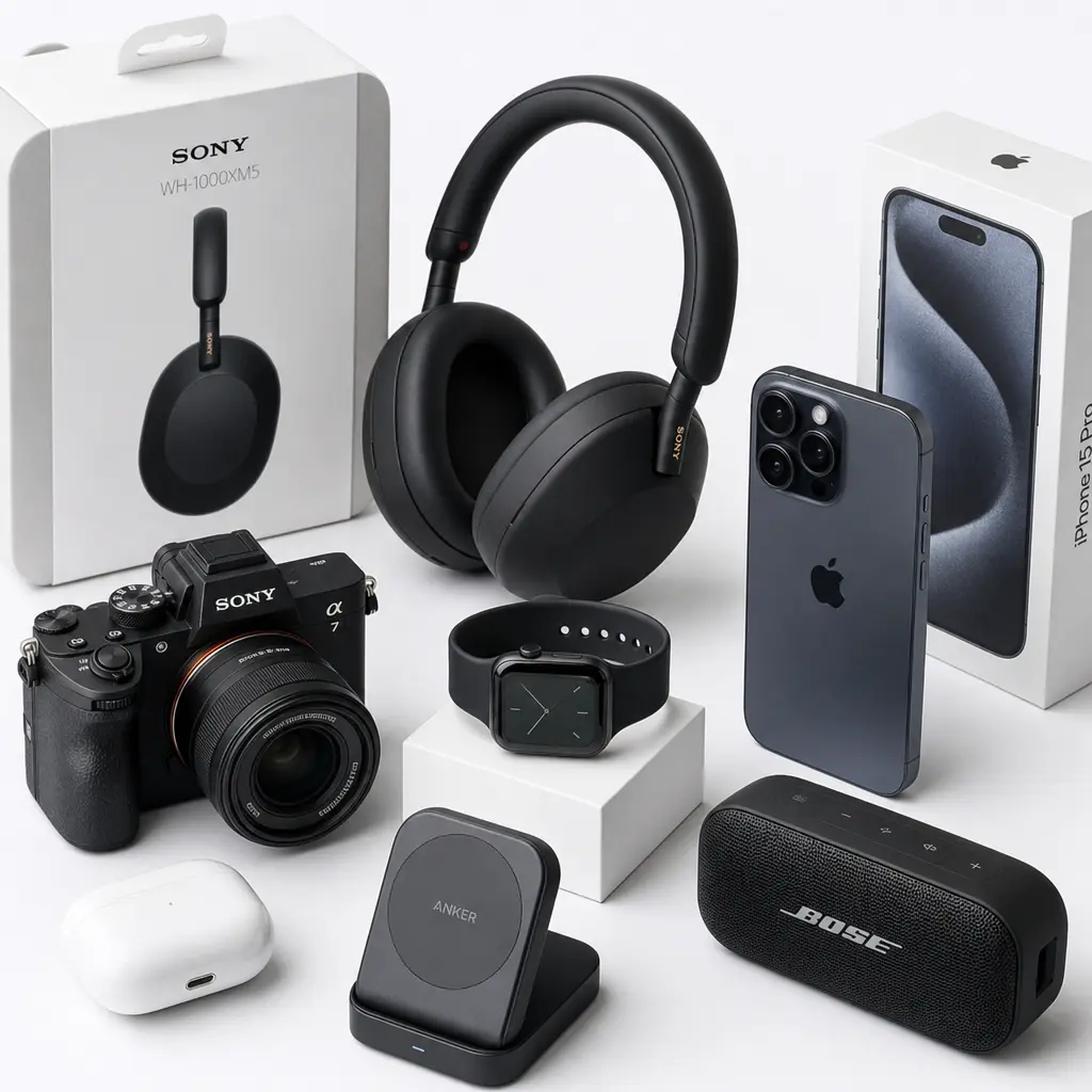 Premium electronics bundle displayed on clean white surface, multiple tech products arranged artfully, studio lighting c