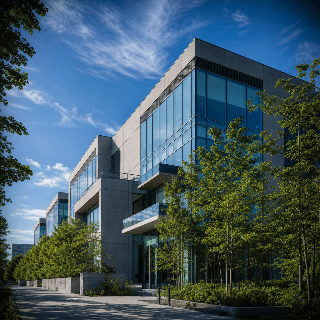 Photorealistic architectural render of a contemporary glass and concrete office building in full summer — lush green tre