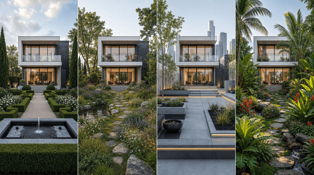 Landscape variations displayed in sequence. Same building with different garden styles: formal garden, wild natural, urb
