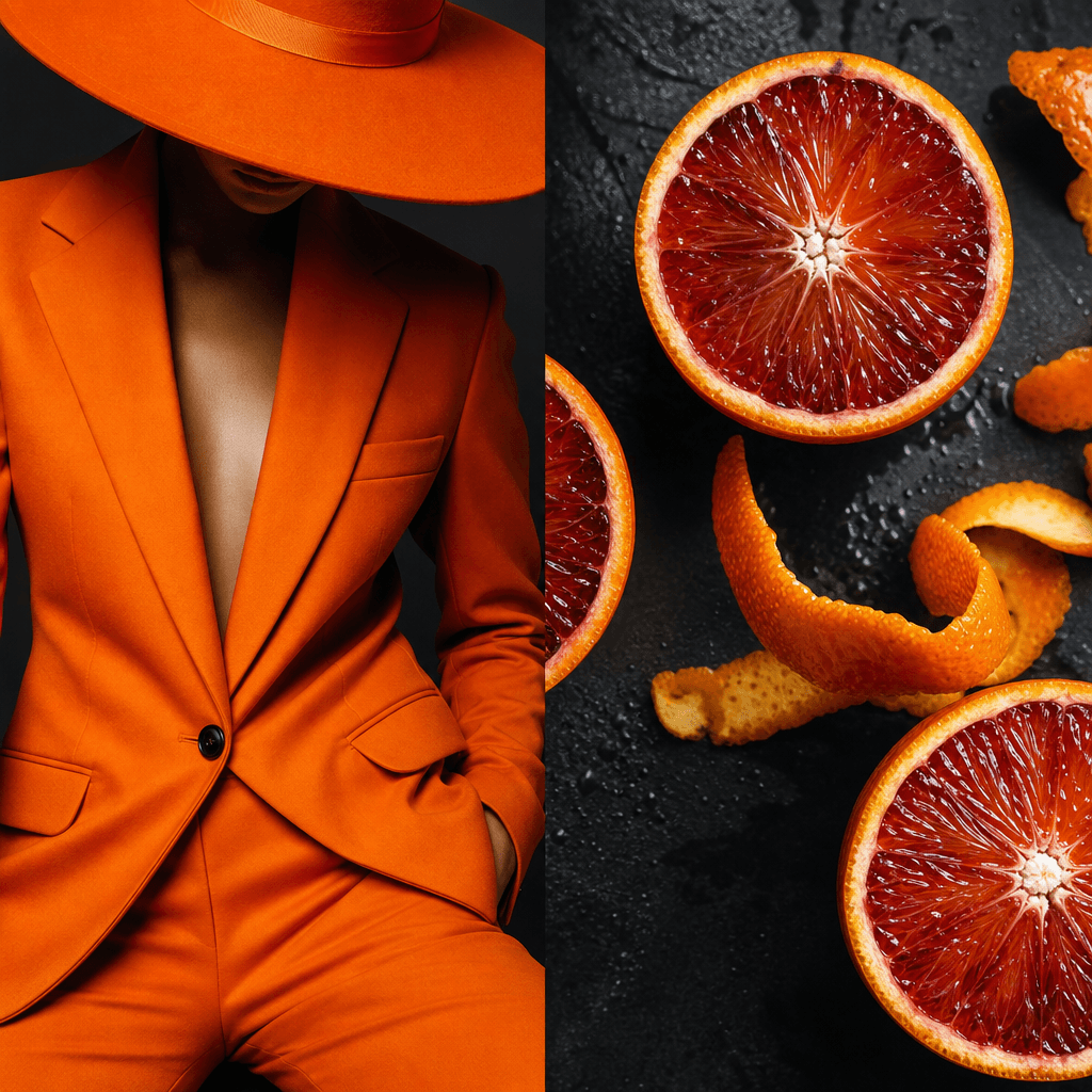 Square split-screen editorial pairing a vivid orange tailored suit with sliced blood oranges and curling citrus peel, an