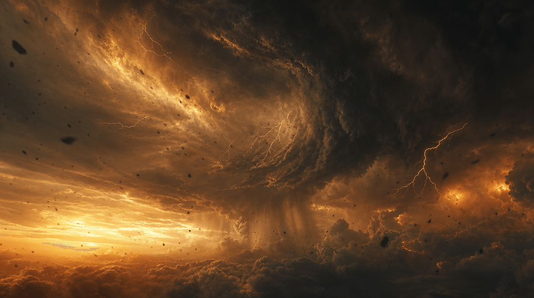 Abstract apocalyptic storm skyscape: massive swirling dark clouds at golden hour, forking lightning threads, falling deb