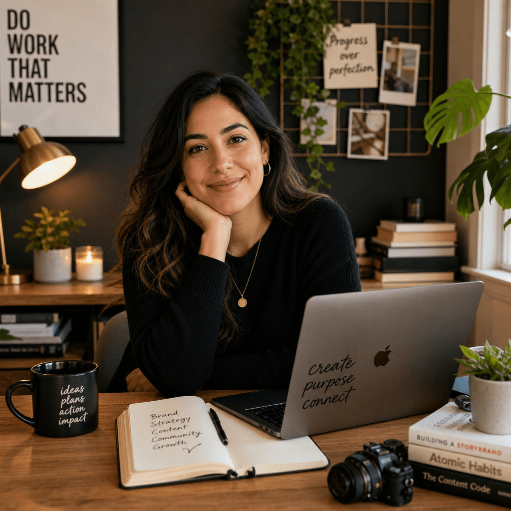 A creative personal branding portrait set in a cozy workspace, showcasing the subject's personality and style.