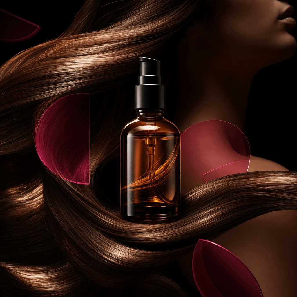 Square haircare campaign with an amber glass bottle and flowing glossy hair moving through the frame, partial abstract m