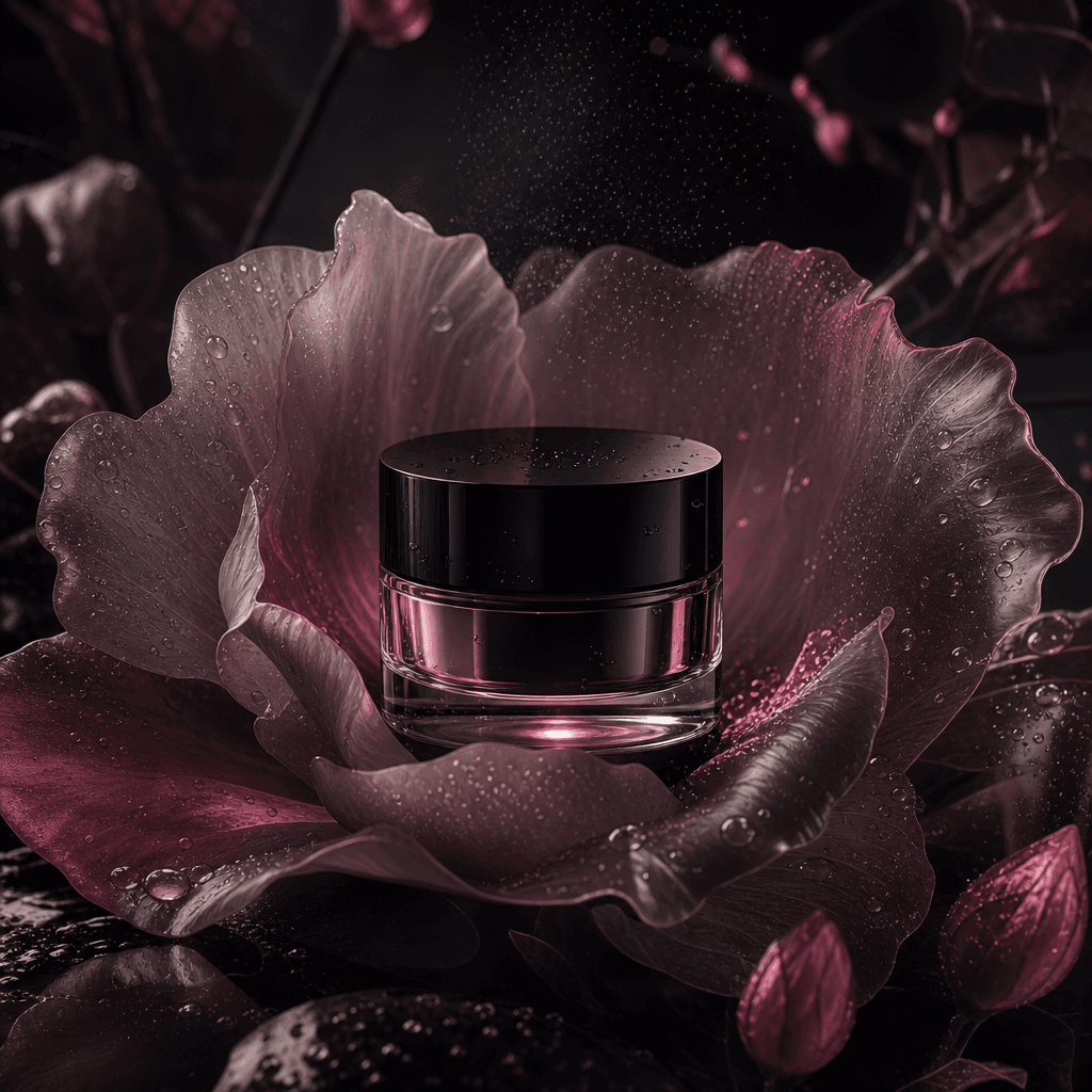 A premium skincare jar emerging from oversized translucent flower petals in a shadowy dream garden. The packaging is cle