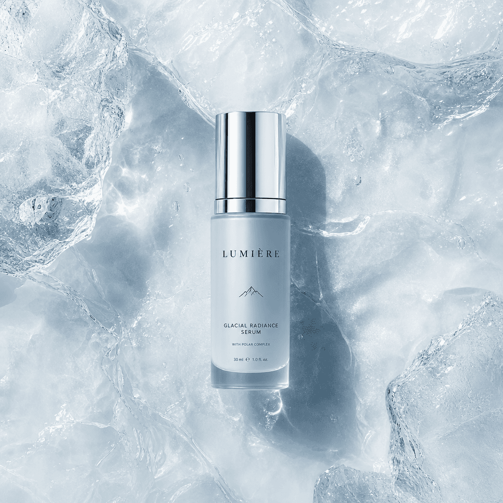 A top-down view of a beauty product on a reflective icy surface, capturing the elegance of the Glacier template. The com