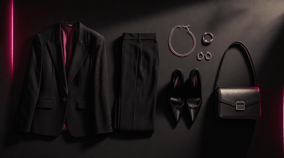 An atmospheric overhead scene of separate fashion pieces moving into a balanced composition: jacket, trousers, shoes, ha