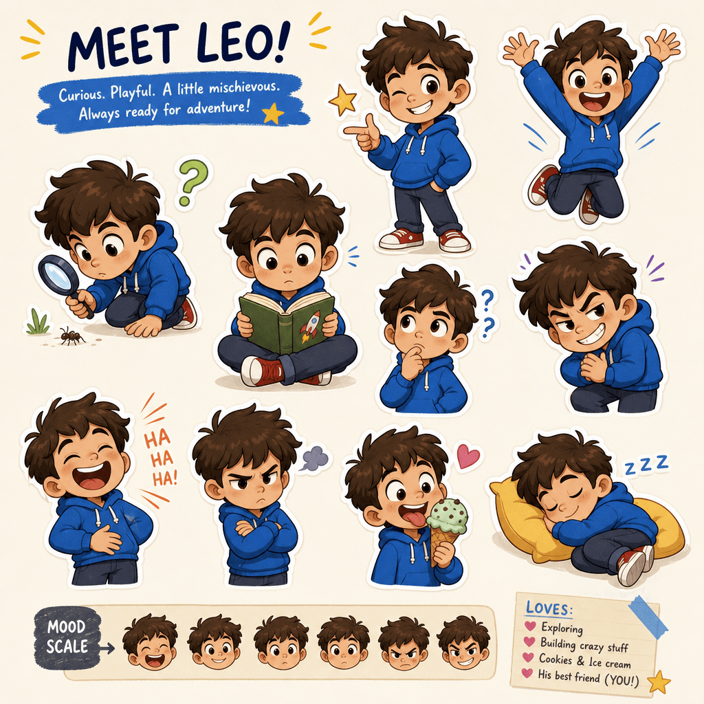 Character sticker in multiple playful poses, variation showcase, expressive movements, cartoon style