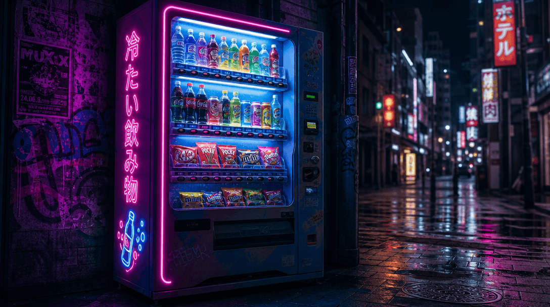 Neon-lit vending machine at night, urban street backdrop, moody atmospheric lighting, vibrant candy and beverage colors,