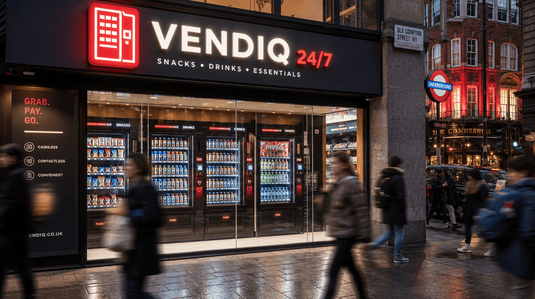 Vending machine exterior storefront view, pedestrian traffic blur, street-level product visibility perspective, urban en