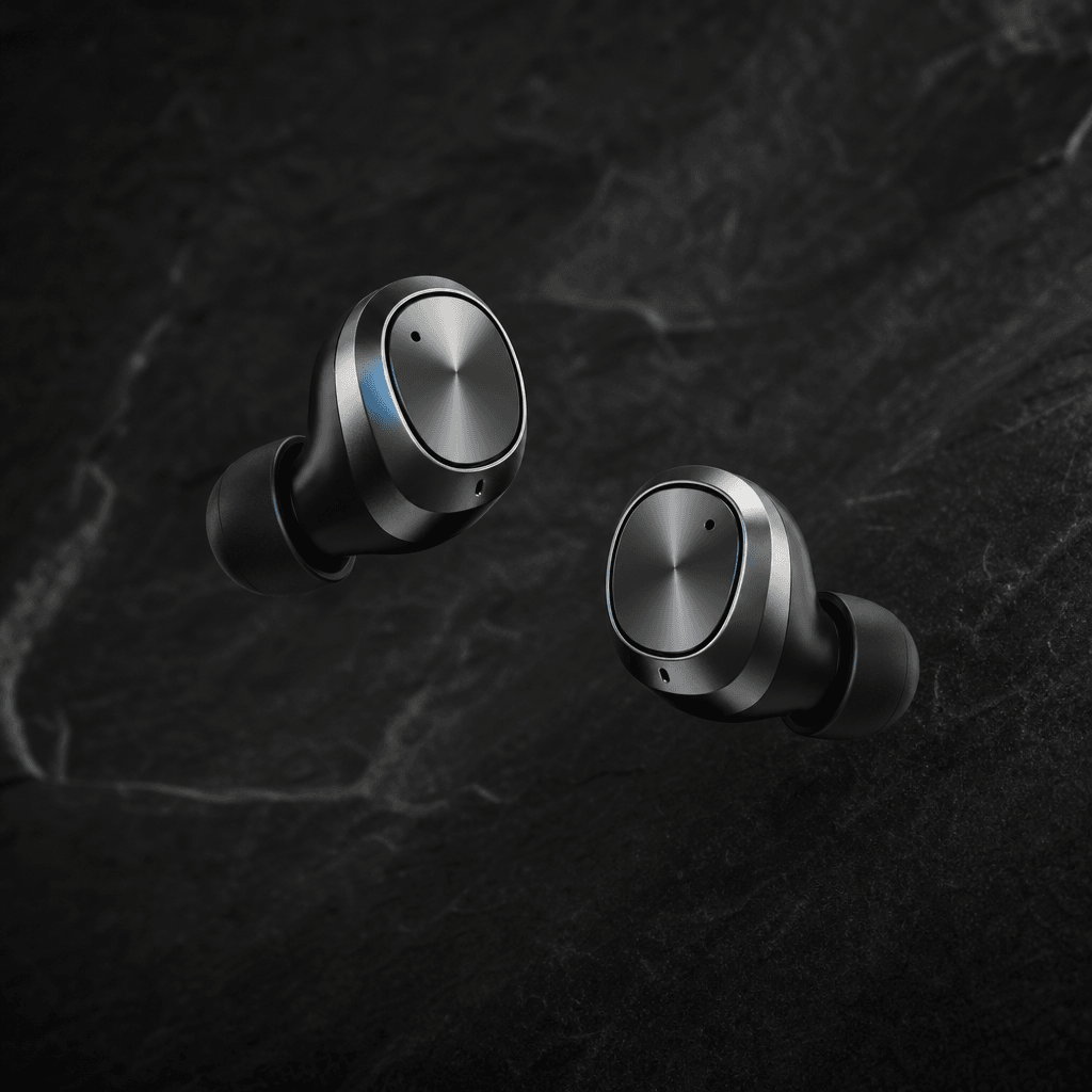 Minimalist product photography: premium wireless earbuds floating against a textured dark charcoal background, clean thr