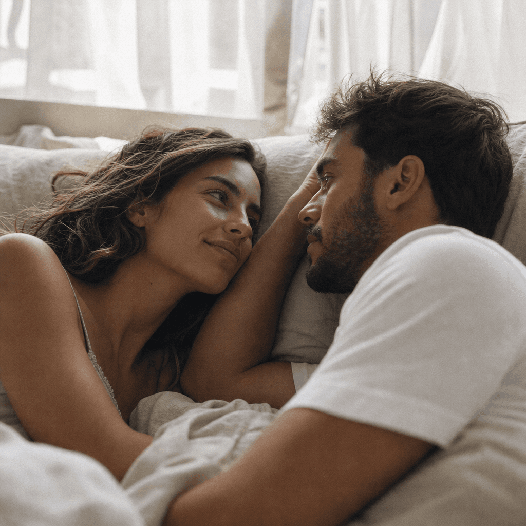 Couple lying on a bed facing each other, soft morning light filtering through sheer white curtains. Muted linen tones, i
