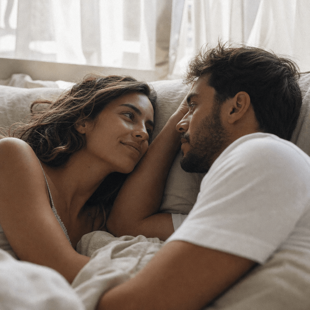 Couple lying on a bed facing each other, soft morning light filtering through sheer white curtains. Muted linen tones, i