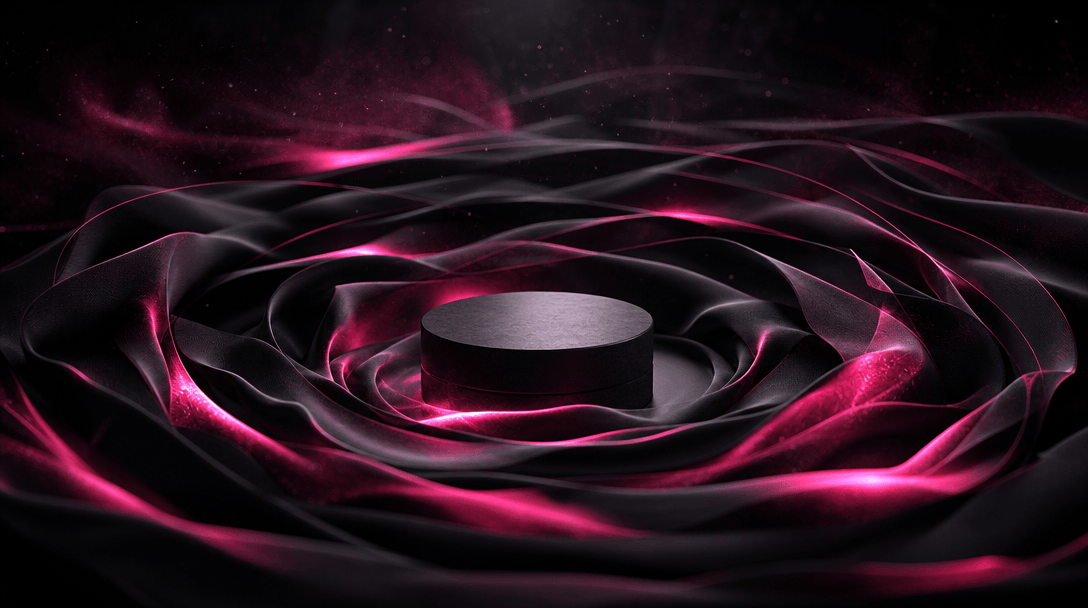A small product pedestal surrounded by concentric waves of fabric and light suggesting a social reaction spreading outwa