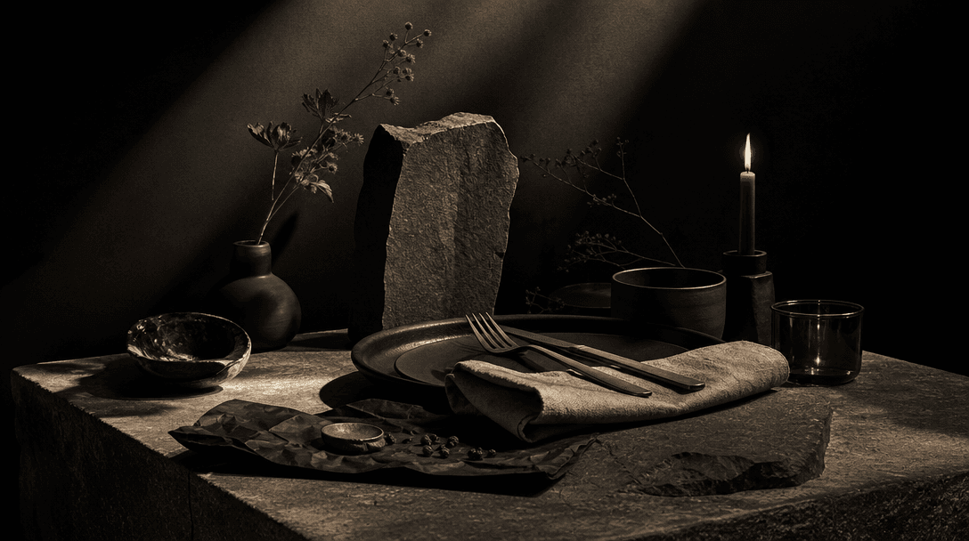 A curated art-direction tableau with dark paper, stone, linen, polished cutlery, and warm candlelight assembled into a c