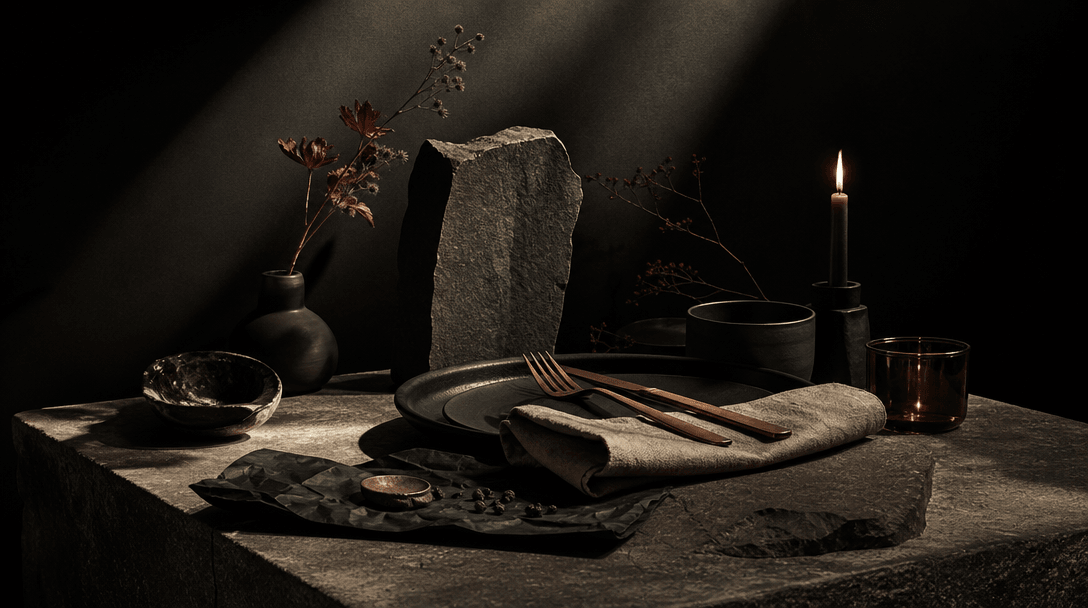 A curated art-direction tableau with dark paper, stone, linen, polished cutlery, and warm candlelight assembled into a c