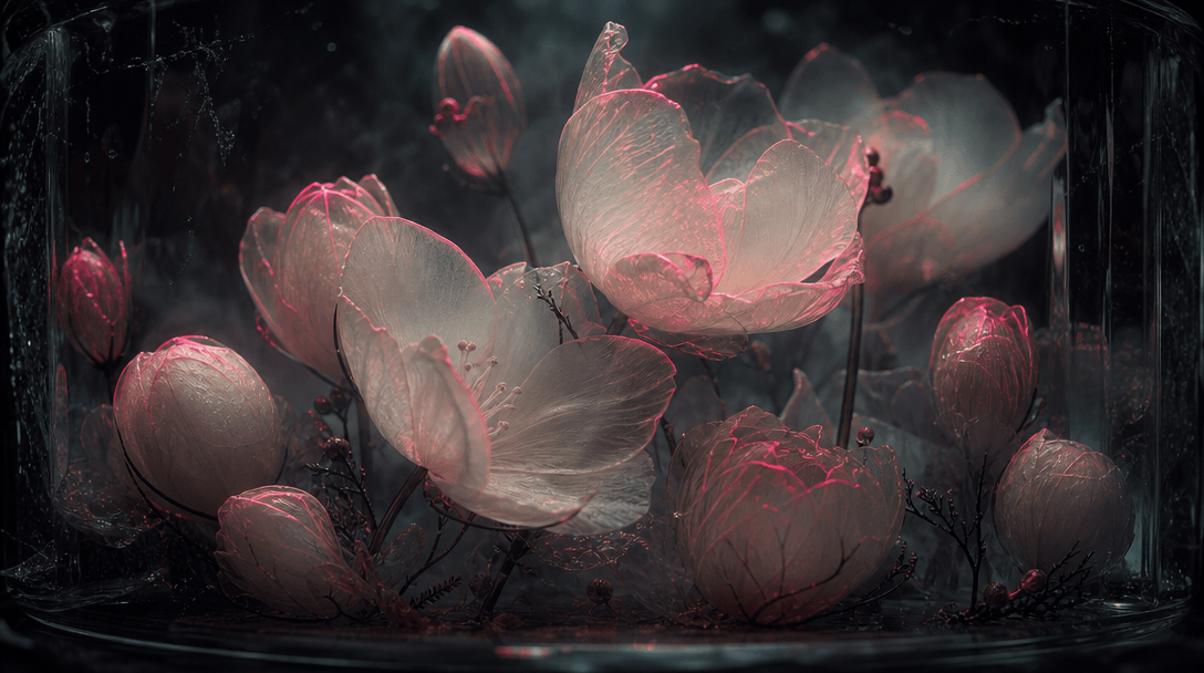 A dreamlike field of translucent petals blooming inside a glass enclosure, flowers captured at different stages of openi