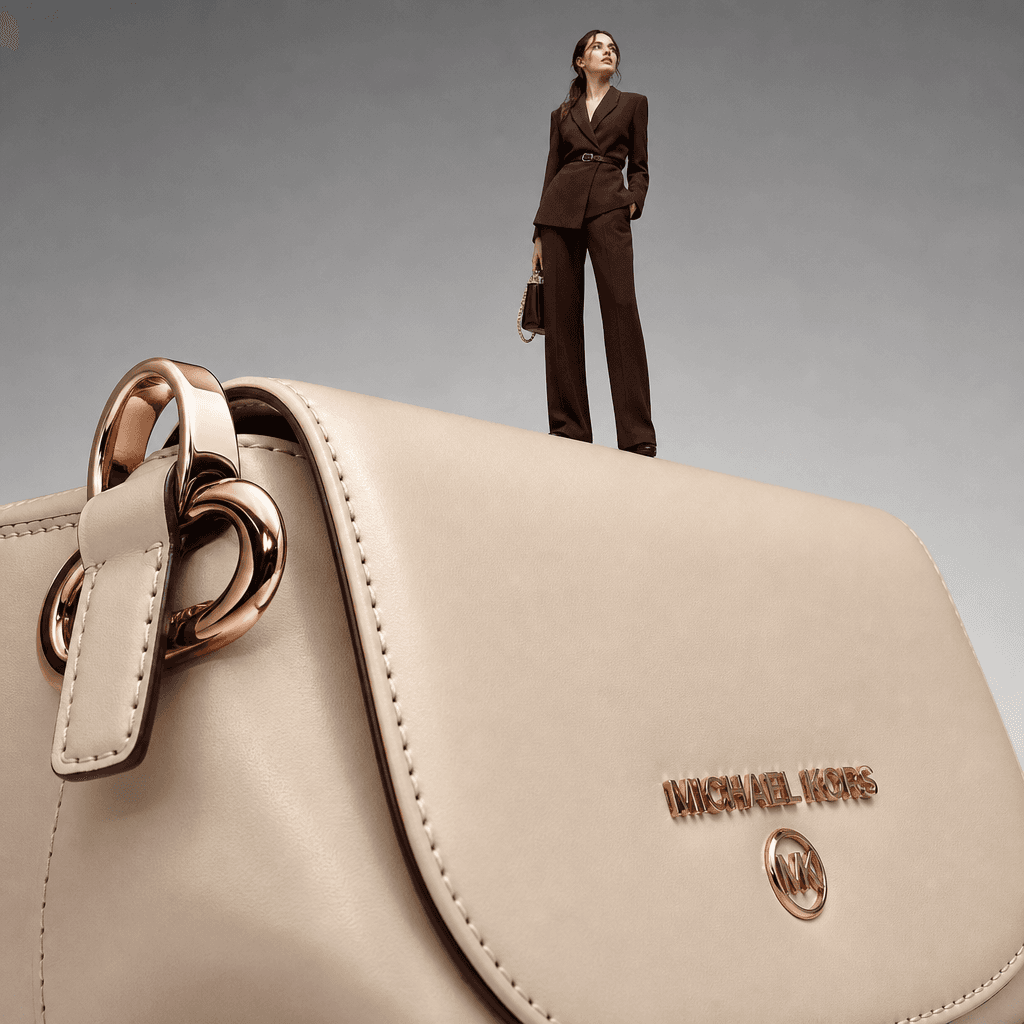 Tiny fashion model standing on an oversized luxury handbag, perspective distortion effect, professional product photogra