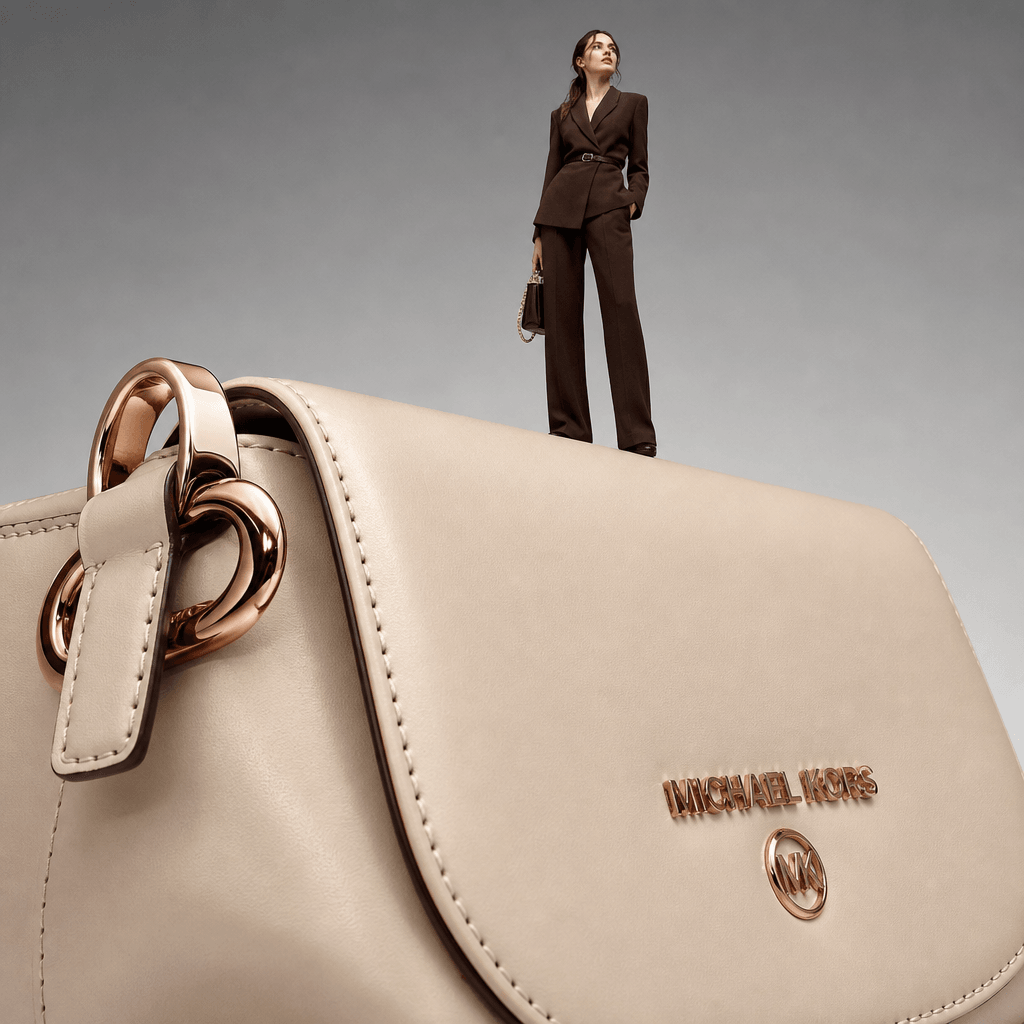 Tiny fashion model standing on an oversized luxury handbag, perspective distortion effect, professional product photogra